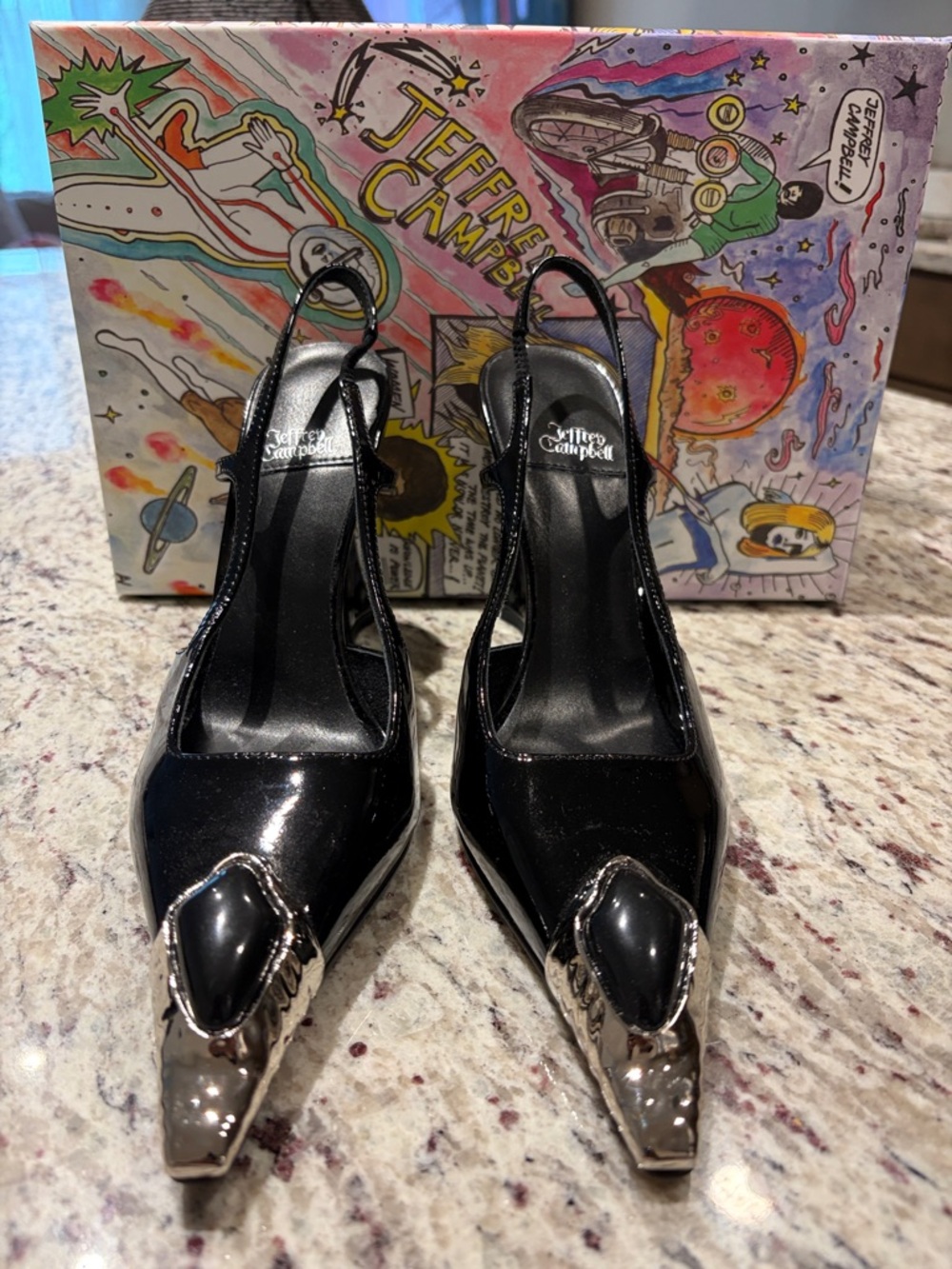 Jeffrey Campbell Black Patent Slingback Pumps with Silver Pointed Cap